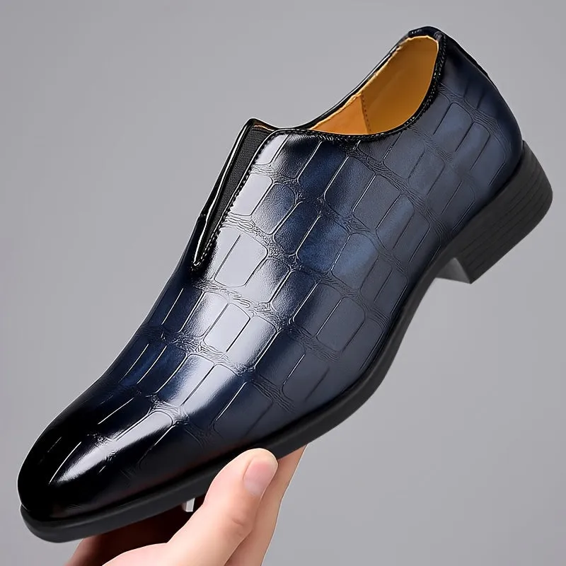 Men's Elegant Gradient Slip-On Loafers - Crocodile Texture, Low-Top Design with Rubber Sole for Comfort | Versatile Business & Casual Style | Brown, Square Toe, Glossy Finish, Side Zipper Detail, Business Casual Footwear | Gl
