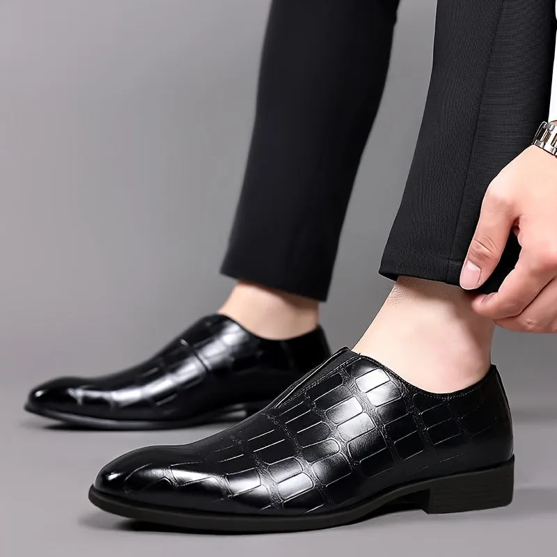Men's Elegant Gradient Slip-On Loafers - Crocodile Texture, Low-Top Design with Rubber Sole for Comfort | Versatile Business & Casual Style | Brown, Square Toe, Glossy Finish, Side Zipper Detail, Business Casual Footwear | Gl