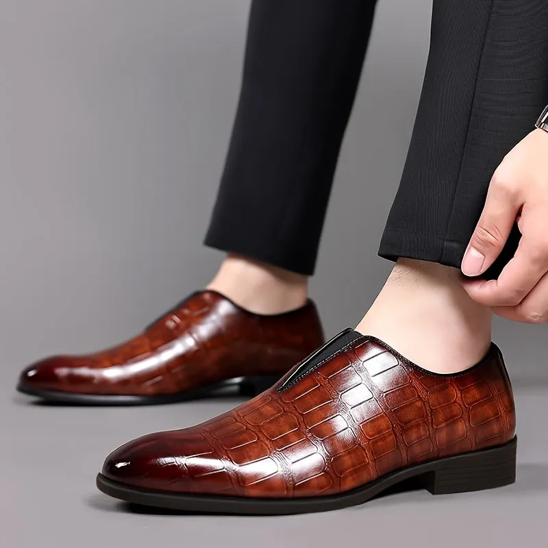 Men's Elegant Gradient Slip-On Loafers - Crocodile Texture, Low-Top Design with Rubber Sole for Comfort | Versatile Business & Casual Style | Brown, Square Toe, Glossy Finish, Side Zipper Detail, Business Casual Footwear | Gl