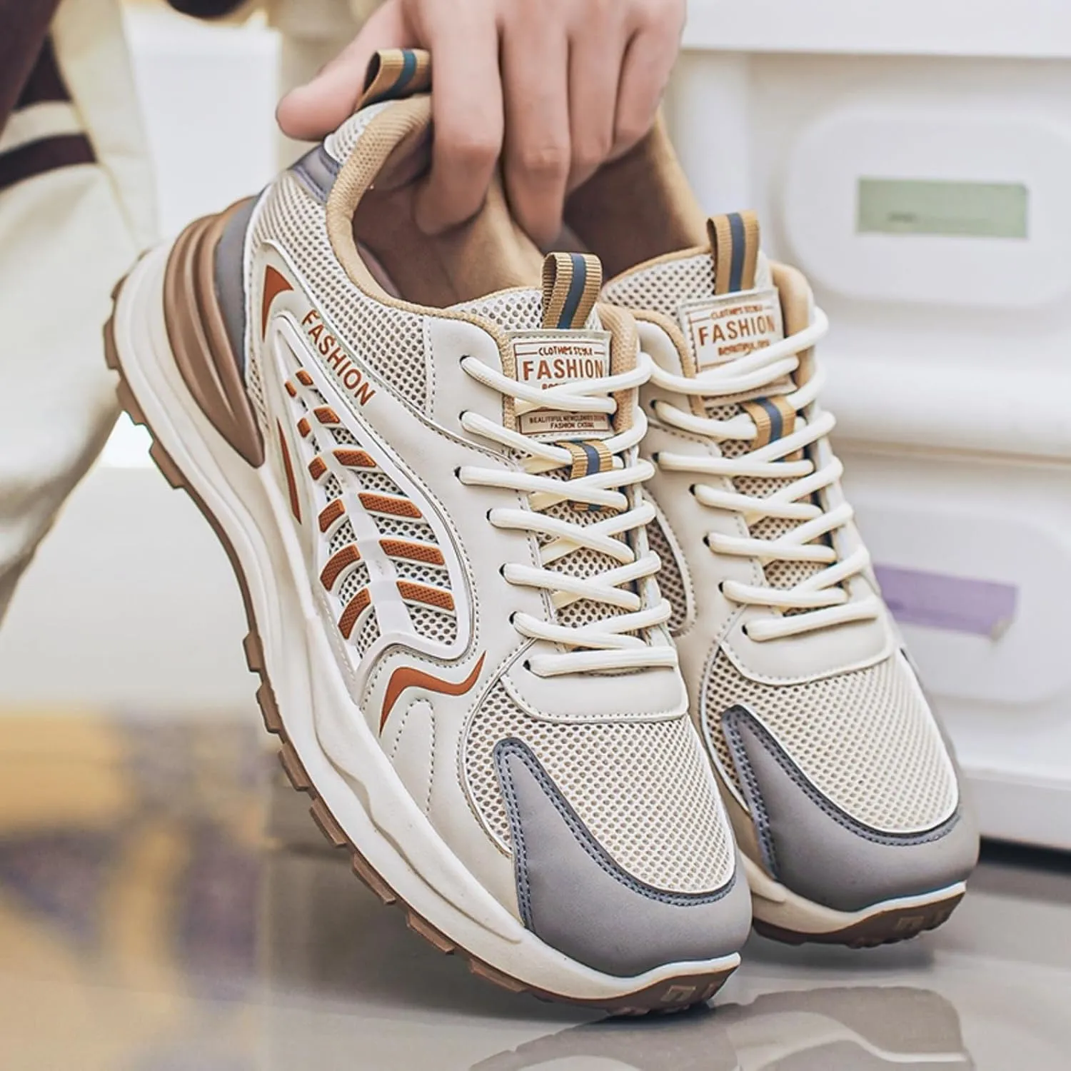 Men's Fashion Breathable Mesh Lace Up Sneakers Casual Platform Running Tennis Shoes for Athletic Gym Workout Training Walking
