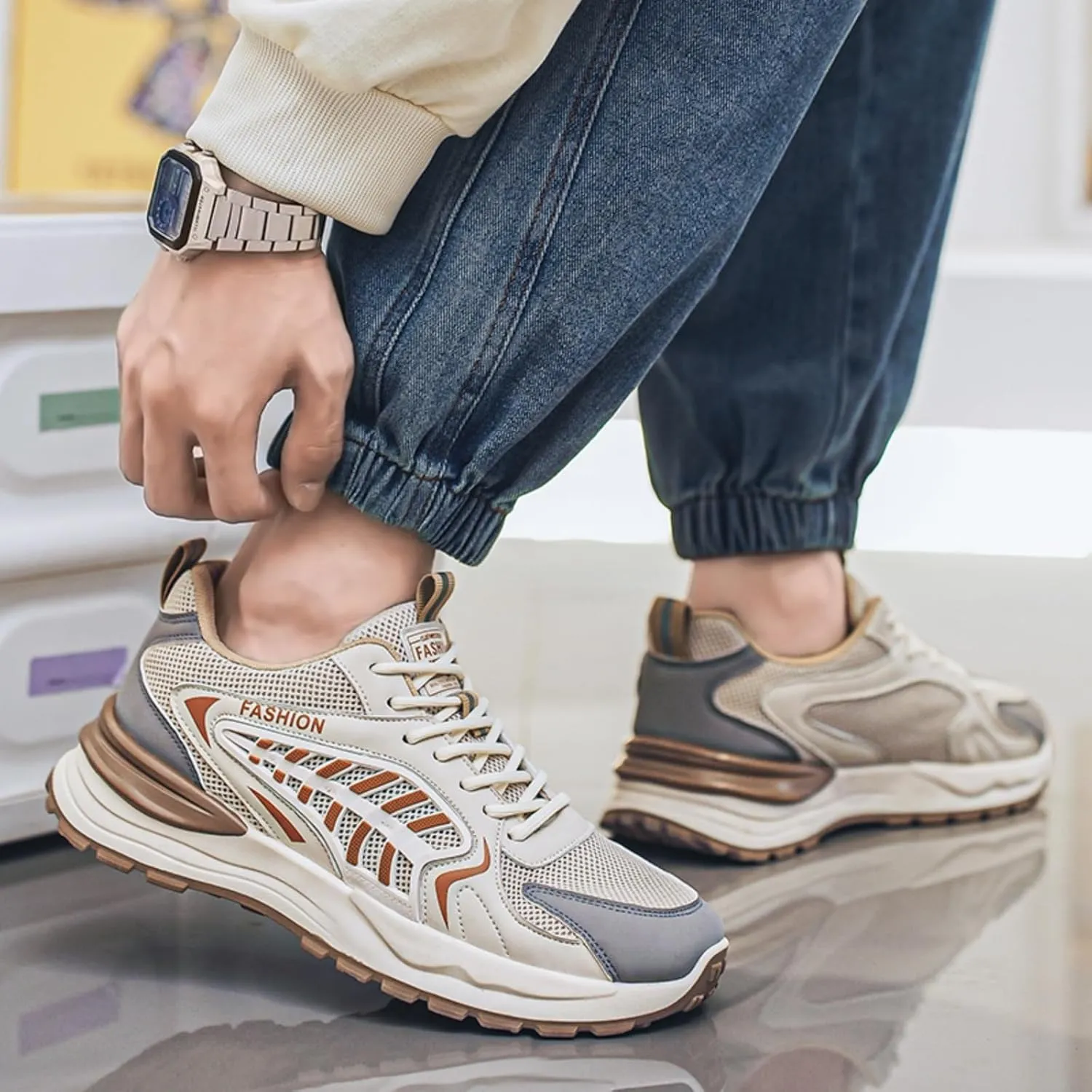 Men's Fashion Breathable Mesh Lace Up Sneakers Casual Platform Running Tennis Shoes for Athletic Gym Workout Training Walking