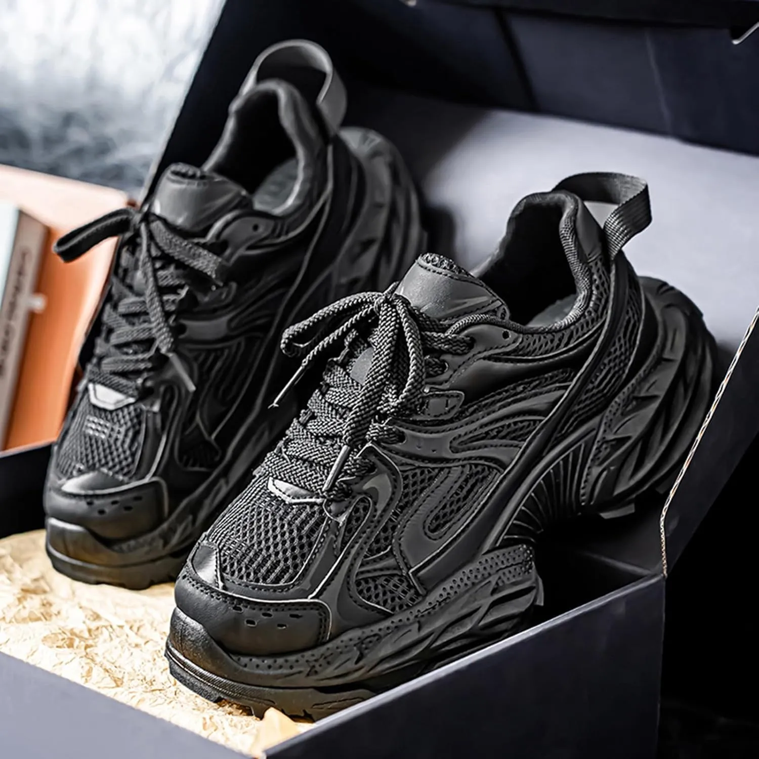 Men's Fashion Colorblocking Chunky Platform Lace-up Sneakers Casual Non Slip Round Toe Shoes for Walking Driving Daily Shoes