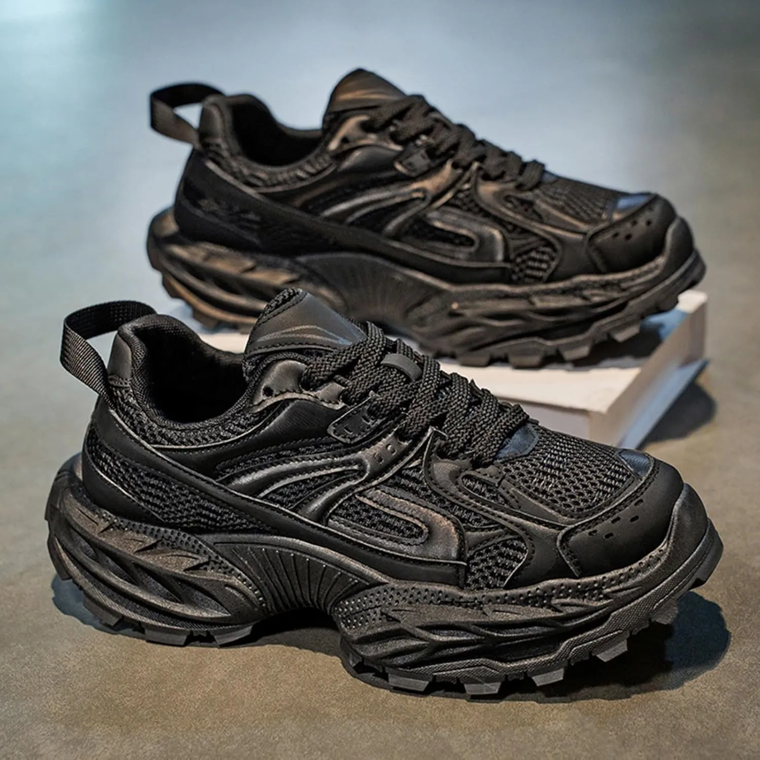 Men's Fashion Colorblocking Chunky Platform Lace-up Sneakers Casual Non Slip Round Toe Shoes for Walking Driving Daily Shoes