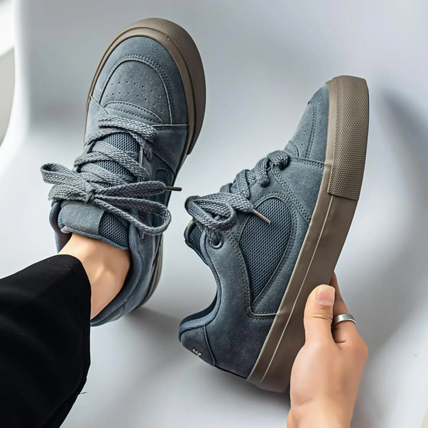 Men's Fashion Hollow Suede Leather Platform Lace Up Sneakers Casual Low Top Breathable Lightweight Walking Trainers Tennis Skate Shoes