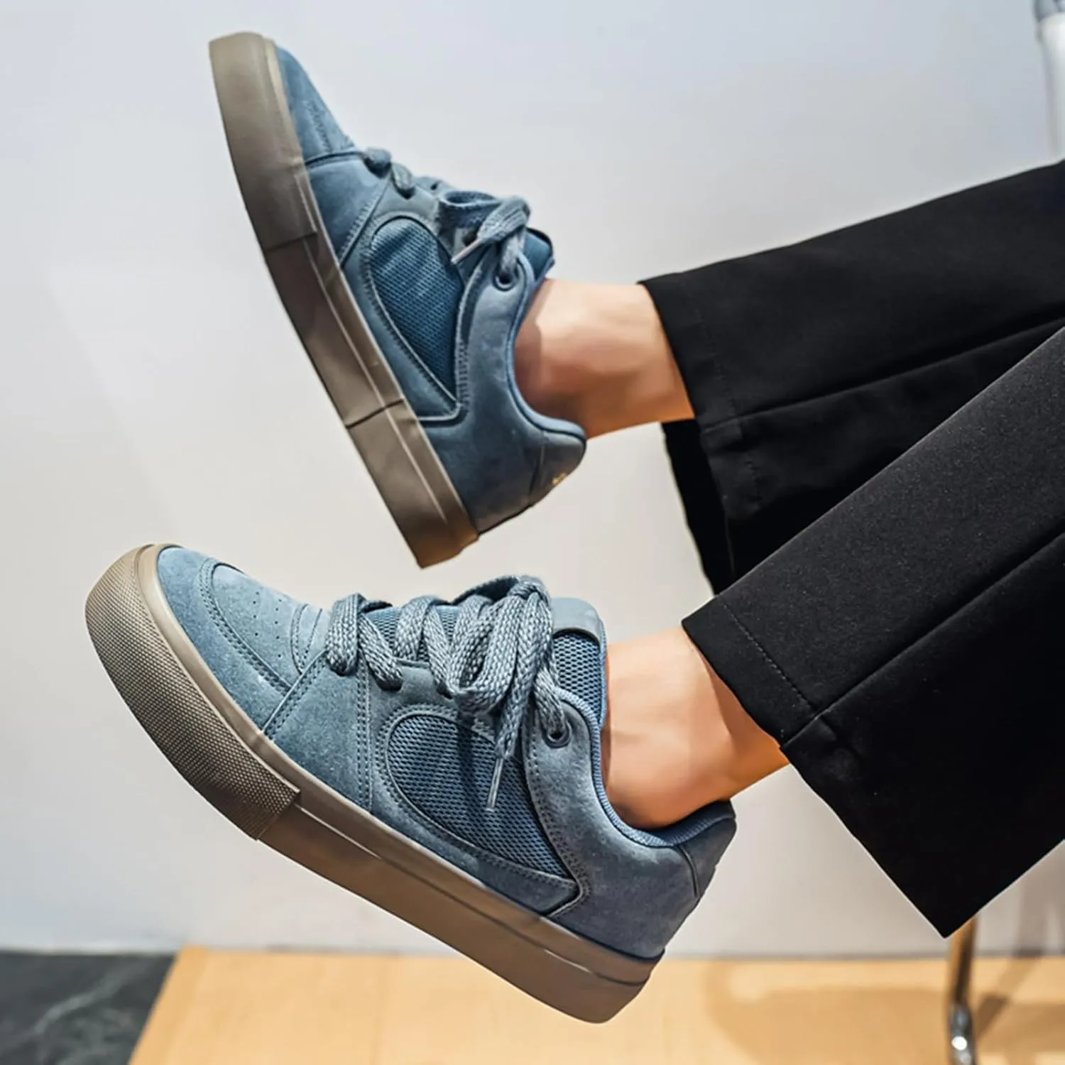 Men's Fashion Hollow Suede Leather Platform Lace Up Sneakers Casual Low Top Breathable Lightweight Walking Trainers Tennis Skate Shoes