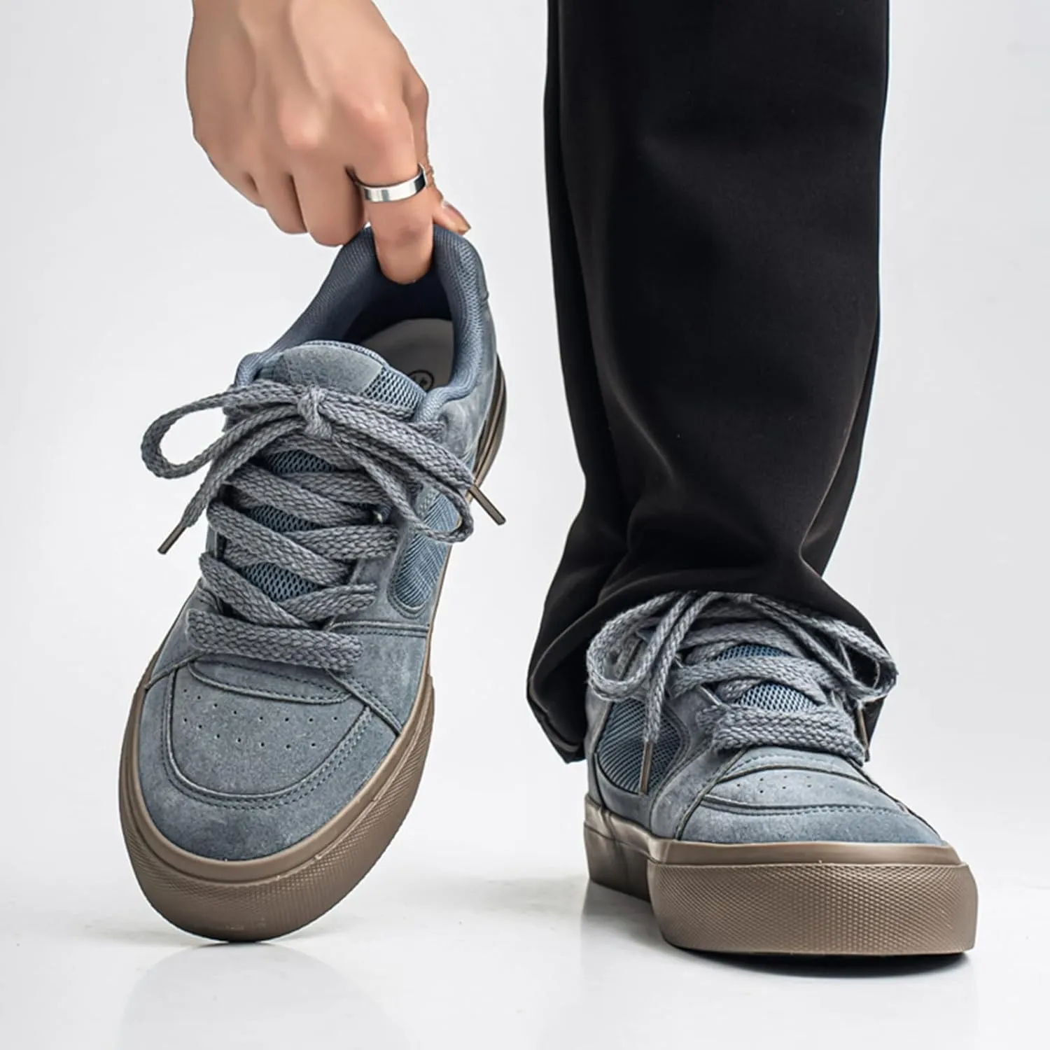 Men's Fashion Hollow Suede Leather Platform Lace Up Sneakers Casual Low Top Breathable Lightweight Walking Trainers Tennis Skate Shoes