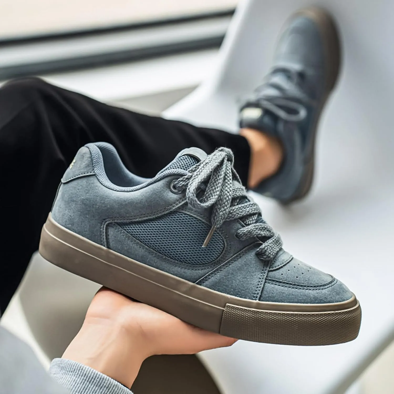 Men's Fashion Hollow Suede Leather Platform Lace Up Sneakers Casual Low Top Breathable Lightweight Walking Trainers Tennis Skate Shoes