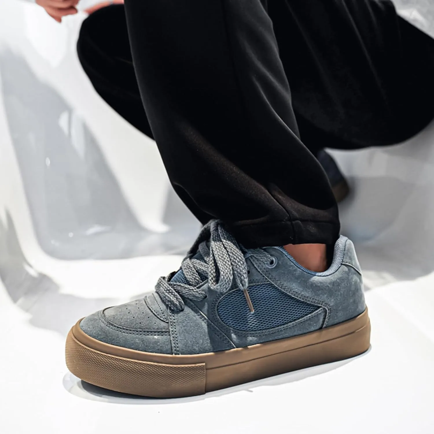 Men's Fashion Hollow Suede Leather Platform Lace Up Sneakers Casual Low Top Breathable Lightweight Walking Trainers Tennis Skate Shoes