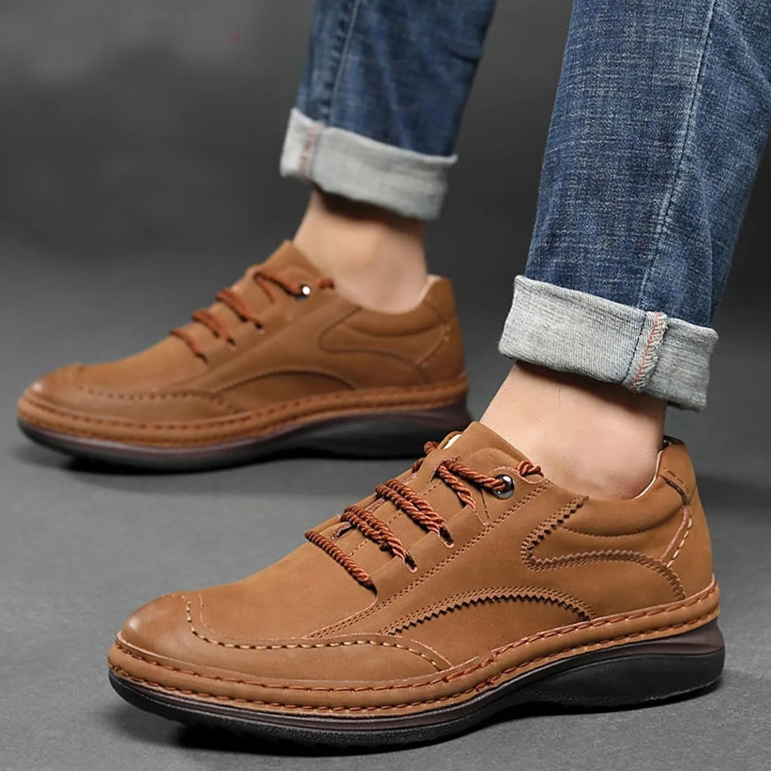 Mens Fashion Lightweight Leather Lace-Up Sneakers Low Top Round Toe Non-Slip Casual Shoes for Hiking Driving Walking Mountain Climbing