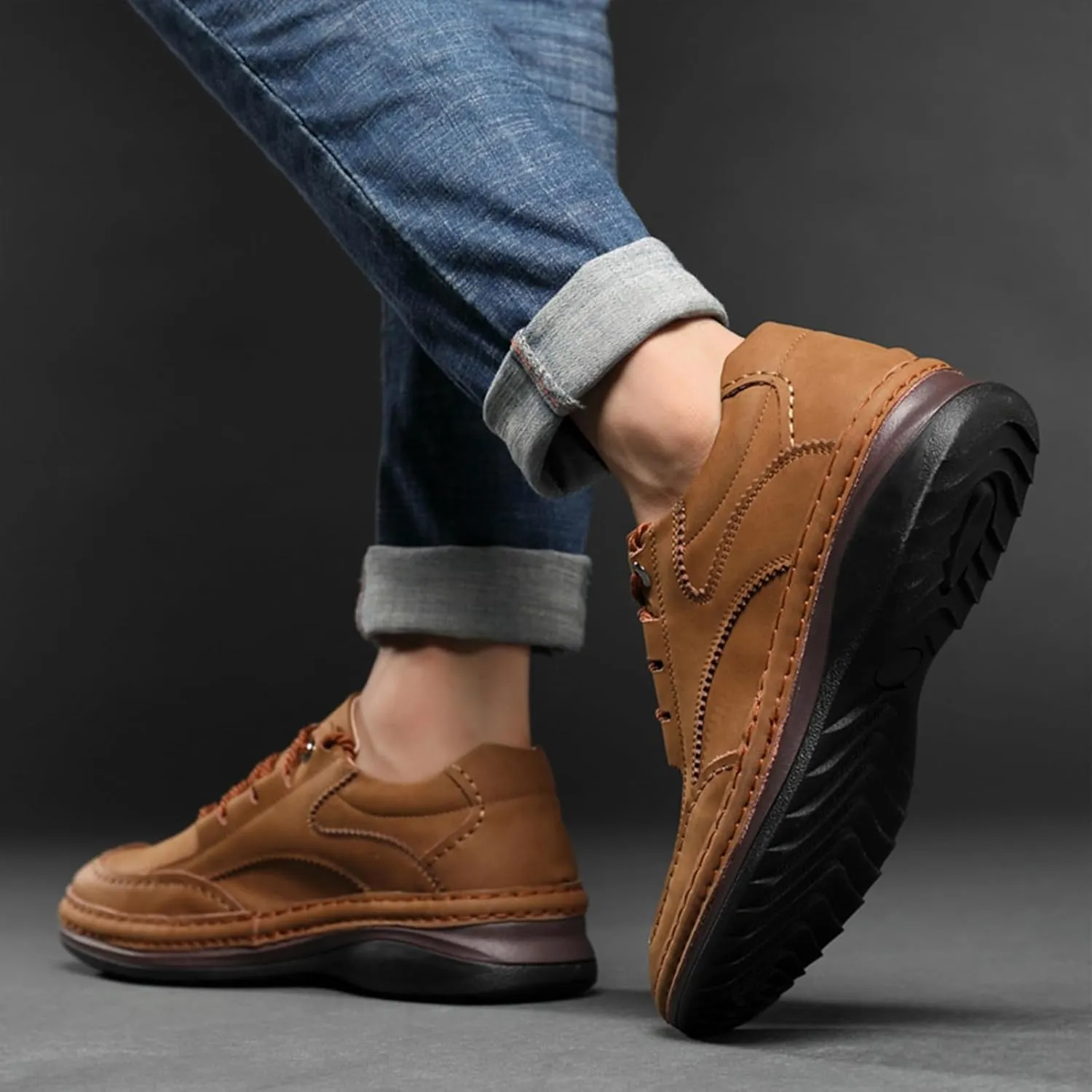Mens Fashion Lightweight Leather Lace-Up Sneakers Low Top Round Toe Non-Slip Casual Shoes for Hiking Driving Walking Mountain Climbing