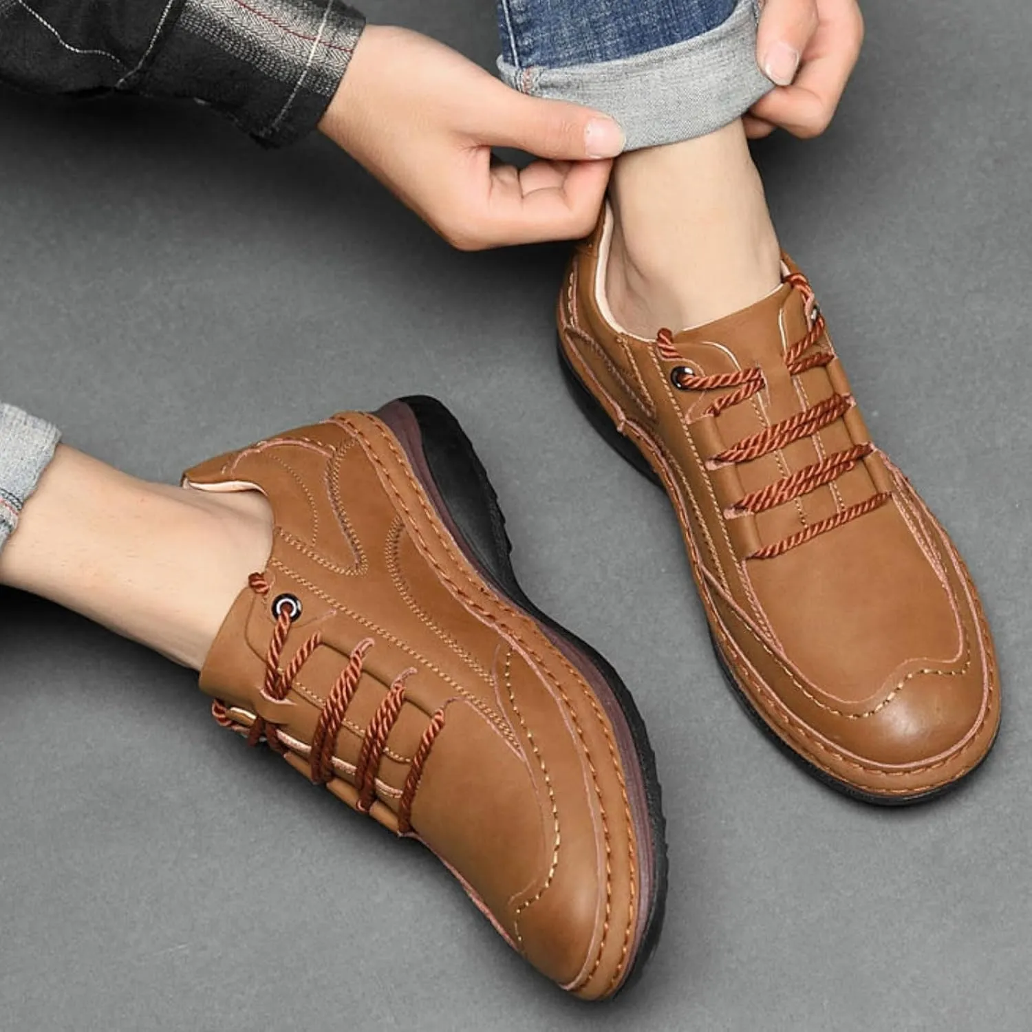 Mens Fashion Lightweight Leather Lace-Up Sneakers Low Top Round Toe Non-Slip Casual Shoes for Hiking Driving Walking Mountain Climbing