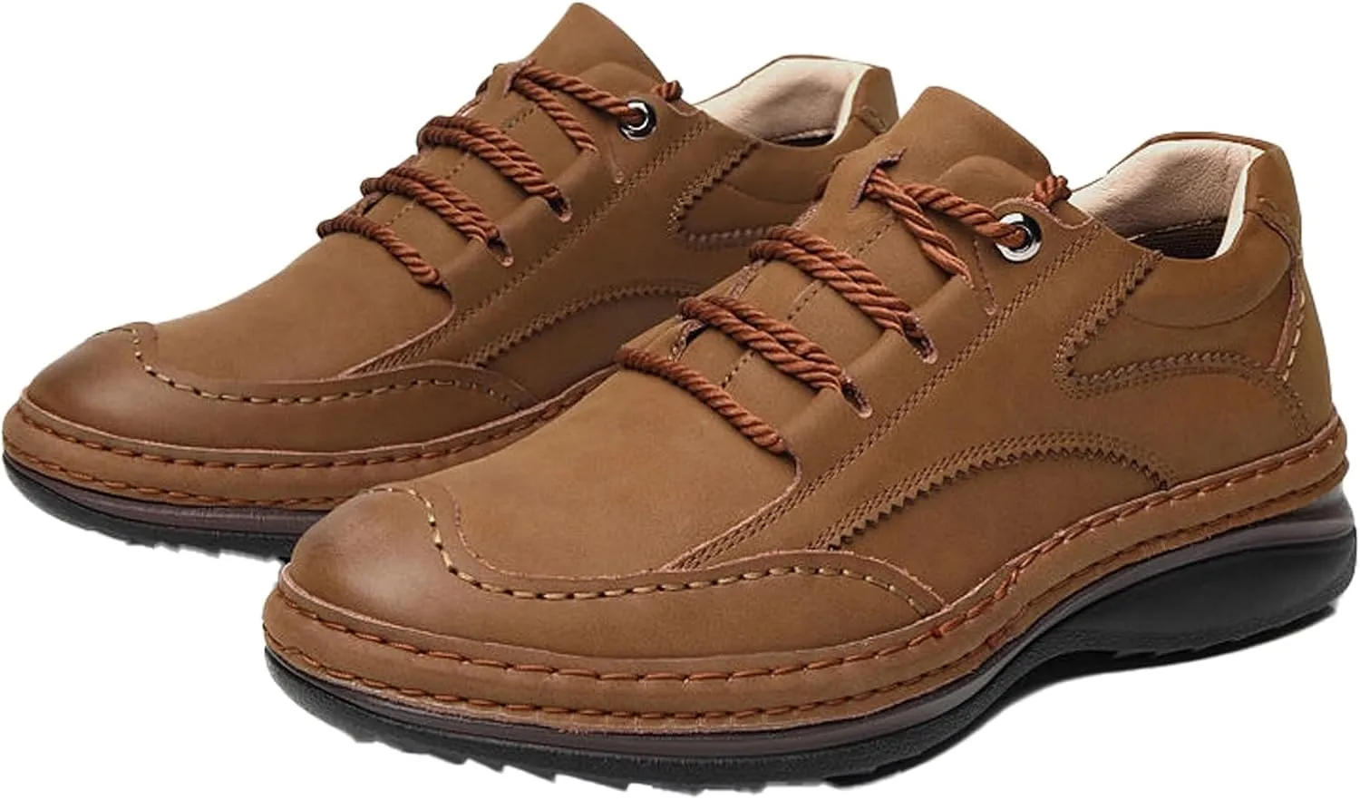 Mens Fashion Lightweight Leather Lace-Up Sneakers Low Top Round Toe Non-Slip Casual Shoes for Hiking Driving Walking Mountain Climbing