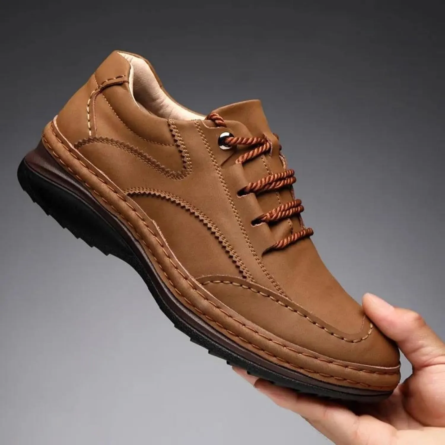 Mens Fashion Lightweight Leather Lace-Up Sneakers Low Top Round Toe Non-Slip Casual Shoes for Hiking Driving Walking Mountain Climbing