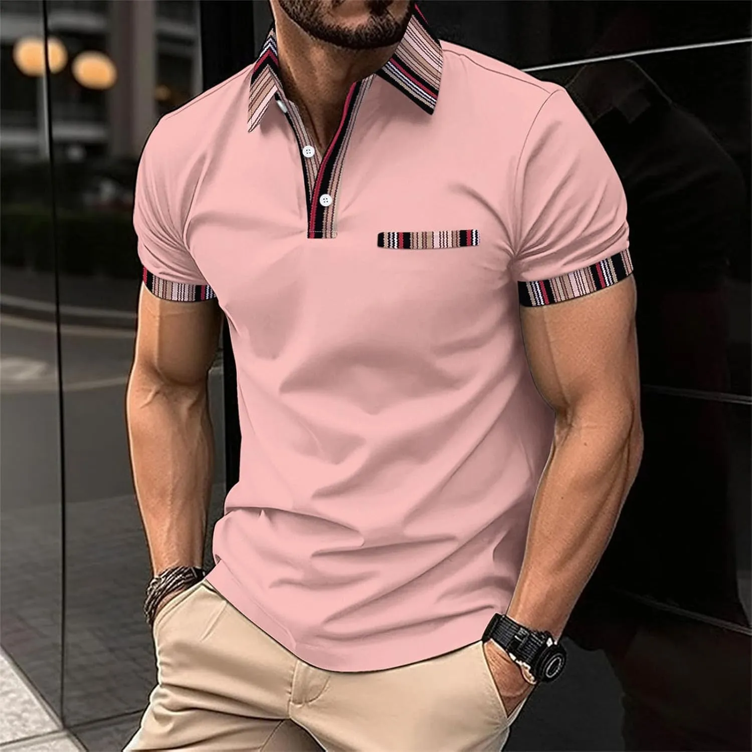 Mens Golf Polo Shirts Short Sleeve Button Up Moisture Wicking Plaid Collar T-Shirts Casual Loose Athletic Tennis Tops