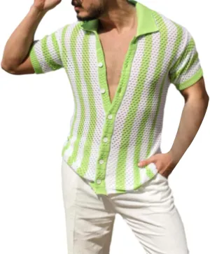 Men's Knit Fishnet Shirts Short Sleeve Button Down Breathable Polo Shirt Fashion Casual Summer Beach Vacation Shirts