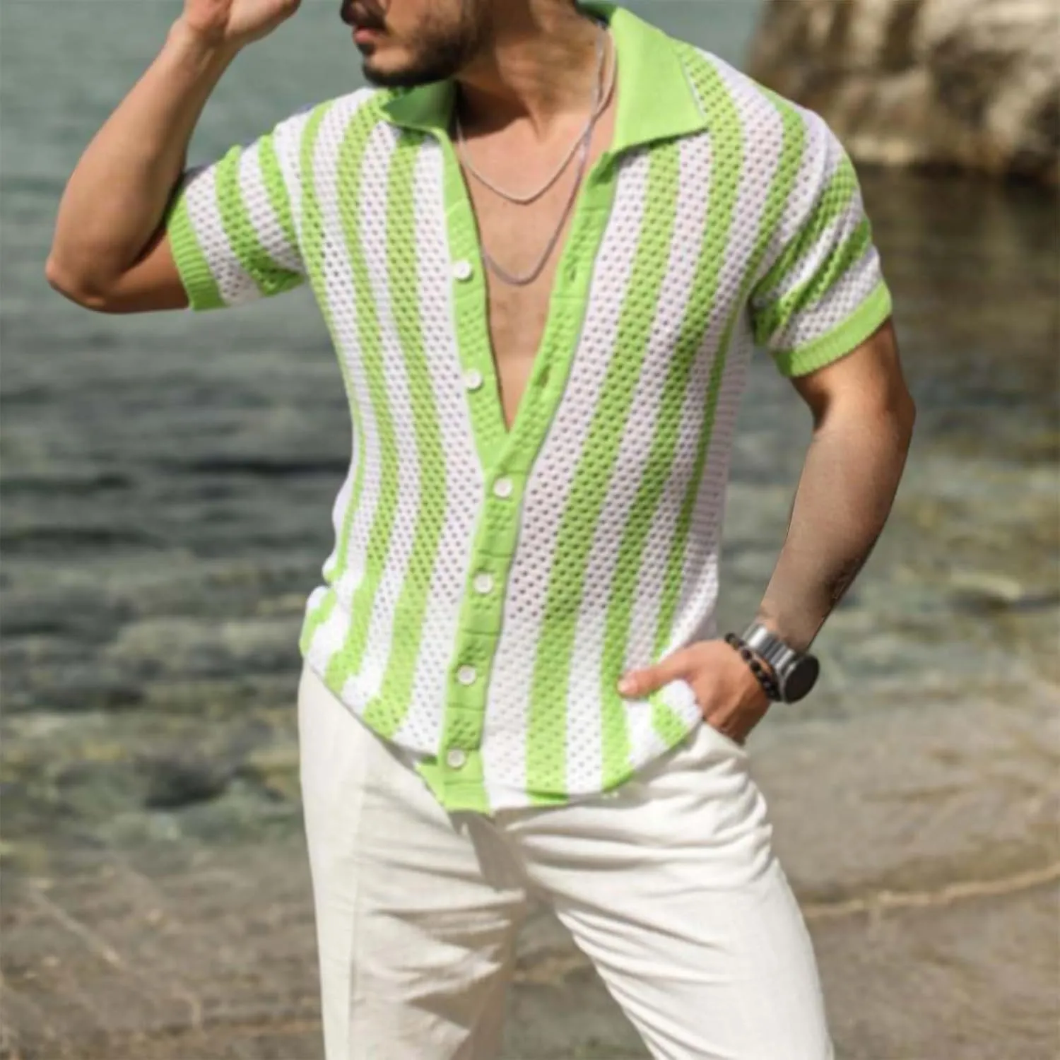 Men's Knit Fishnet Shirts Short Sleeve Button Down Breathable Polo Shirt Fashion Casual Summer Beach Vacation Shirts
