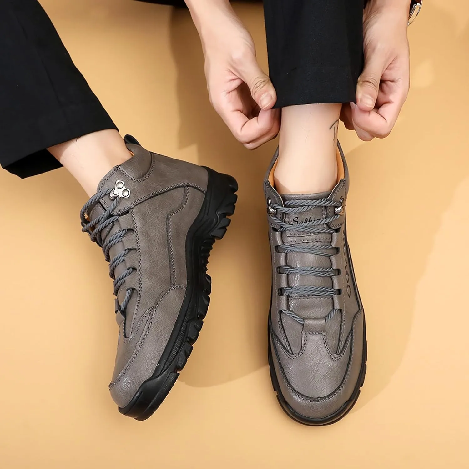 Men's Leather Waterproof Hiking Ankle Boots Casual Lace Up Non-Slip Platform Sneakers Booties Fall Winter Outdoor Trekking Climbing Boots