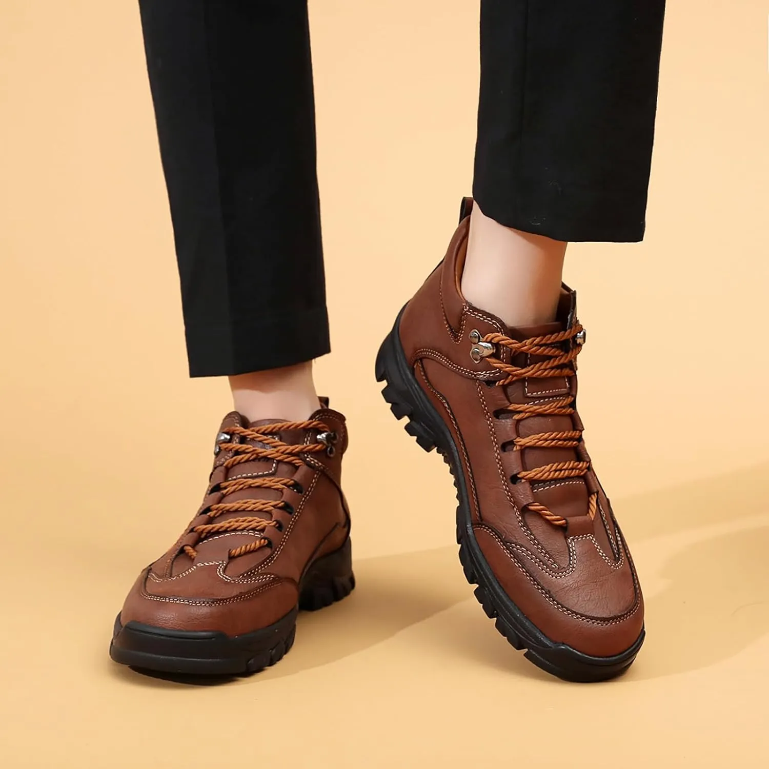 Men's Leather Waterproof Hiking Ankle Boots Casual Lace Up Non-Slip Platform Sneakers Booties Fall Winter Outdoor Trekking Climbing Boots