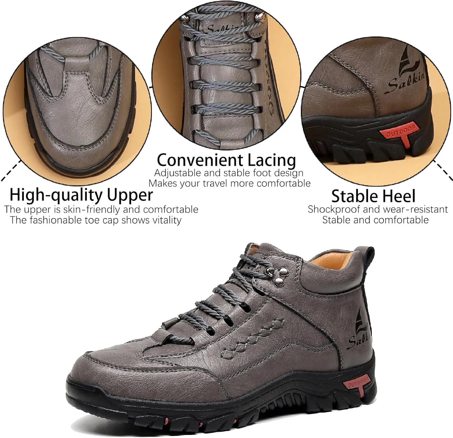 Men's Leather Waterproof Hiking Ankle Boots Casual Lace Up Non-Slip Platform Sneakers Booties Fall Winter Outdoor Trekking Climbing Boots