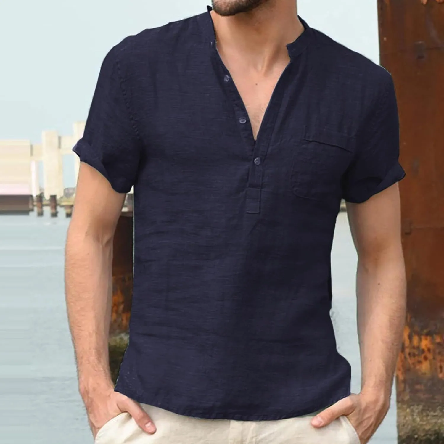Mens Linen Henley Shirts Casual Cotton Short Sleeve Button Down Regular-Fit Tshirt Summer Lightweight Beach Yoga Tops