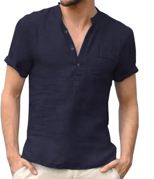 Mens Linen Henley Shirts Casual Cotton Short Sleeve Button Down Regular-Fit Tshirt Summer Lightweight Beach Yoga Tops