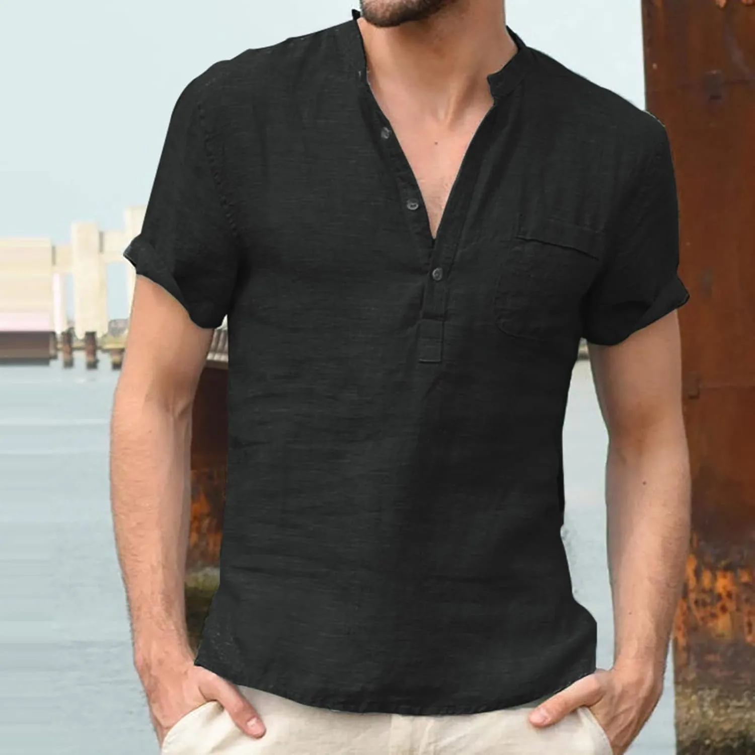 Mens Linen Henley Shirts Casual Cotton Short Sleeve Button Down Regular-Fit Tshirt Summer Lightweight Beach Yoga Tops