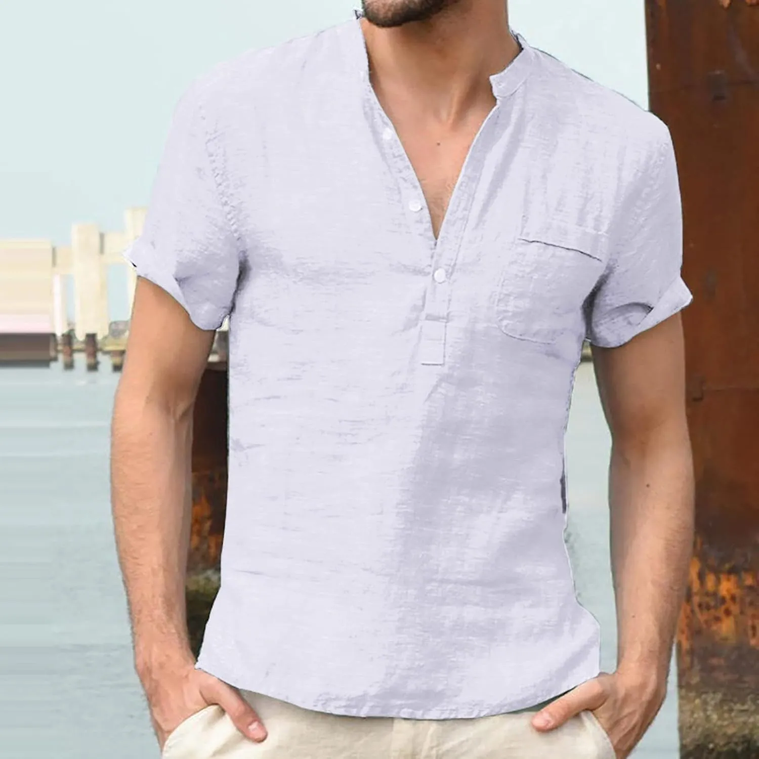 Mens Linen Henley Shirts Casual Cotton Short Sleeve Button Down Regular-Fit Tshirt Summer Lightweight Beach Yoga Tops