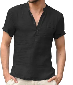 Mens Linen Henley Shirts Casual Cotton Short Sleeve Button Down Regular-Fit Tshirt Summer Lightweight Beach Yoga Tops