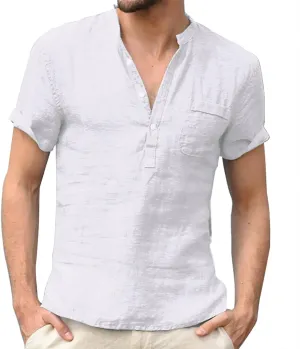 Mens Linen Henley Shirts Casual Cotton Short Sleeve Button Down Regular-Fit Tshirt Summer Lightweight Beach Yoga Tops