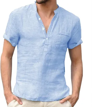 Mens Linen Henley Shirts Casual Cotton Short Sleeve Button Down Regular-Fit Tshirt Summer Lightweight Beach Yoga Tops