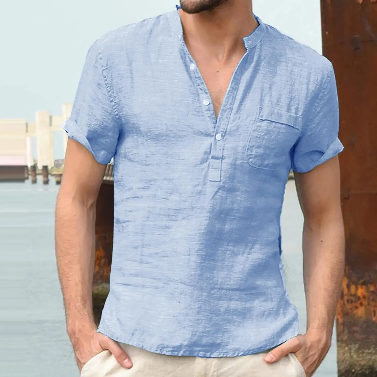 Mens Linen Henley Shirts Casual Cotton Short Sleeve Button Down Regular-Fit Tshirt Summer Lightweight Beach Yoga Tops