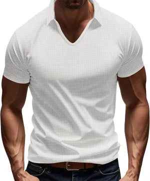 Mens Muscle Polo Shirt Casual V Neck Short Sleeve Ribbed Hollow Out Knit Tees Mesh Breathable Comfy Beach Waffle Tops