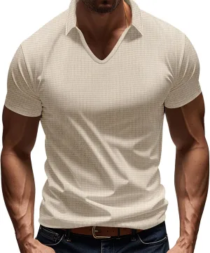 Mens Muscle Polo Shirt Casual V Neck Short Sleeve Ribbed Hollow Out Knit Tees Mesh Breathable Comfy Beach Waffle Tops