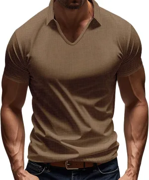 Mens Muscle Polo Shirt Casual V Neck Short Sleeve Ribbed Hollow Out Knit Tees Mesh Breathable Comfy Beach Waffle Tops