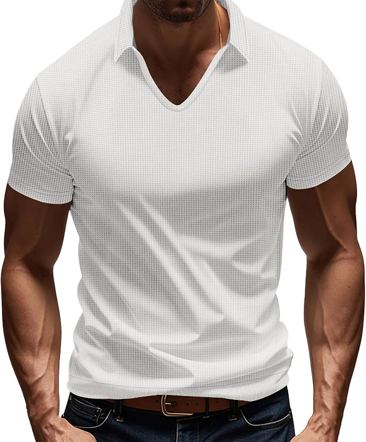 Mens Muscle Polo Shirt Casual V Neck Short Sleeve Ribbed Hollow Out Knit Tees Mesh Breathable Comfy Beach Waffle Tops