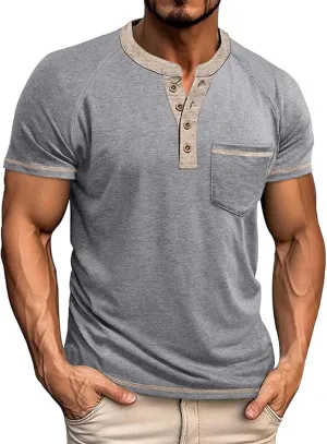 Men's Muscle Slim Henley Shirts Crewneck Short Sleeve Button Down Slim Fit Longline T-Shirt Gym Workout Athletic Tees