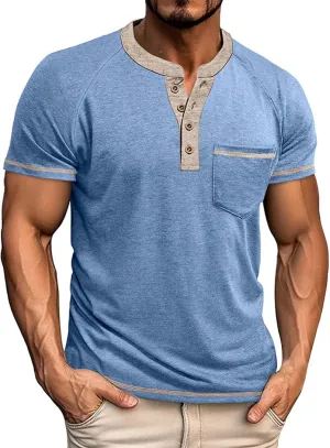 Men's Muscle Slim Henley Shirts Crewneck Short Sleeve Button Down Slim Fit Longline T-Shirt Gym Workout Athletic Tees