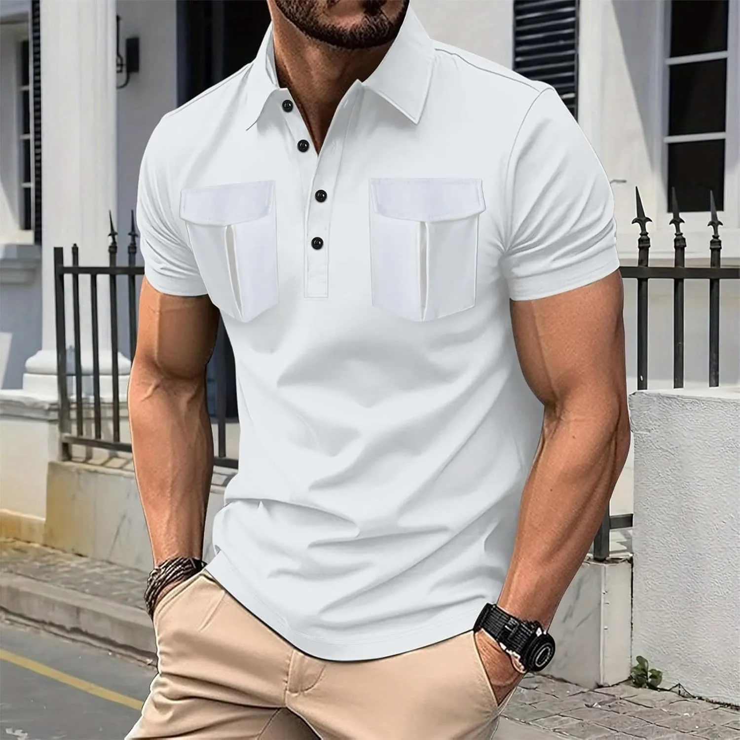 Men's Polo Shirts Short Sleeve Casual Slim Fit Button Golf T Shirt Summer Moisture Wicking Collared Top with Pockets