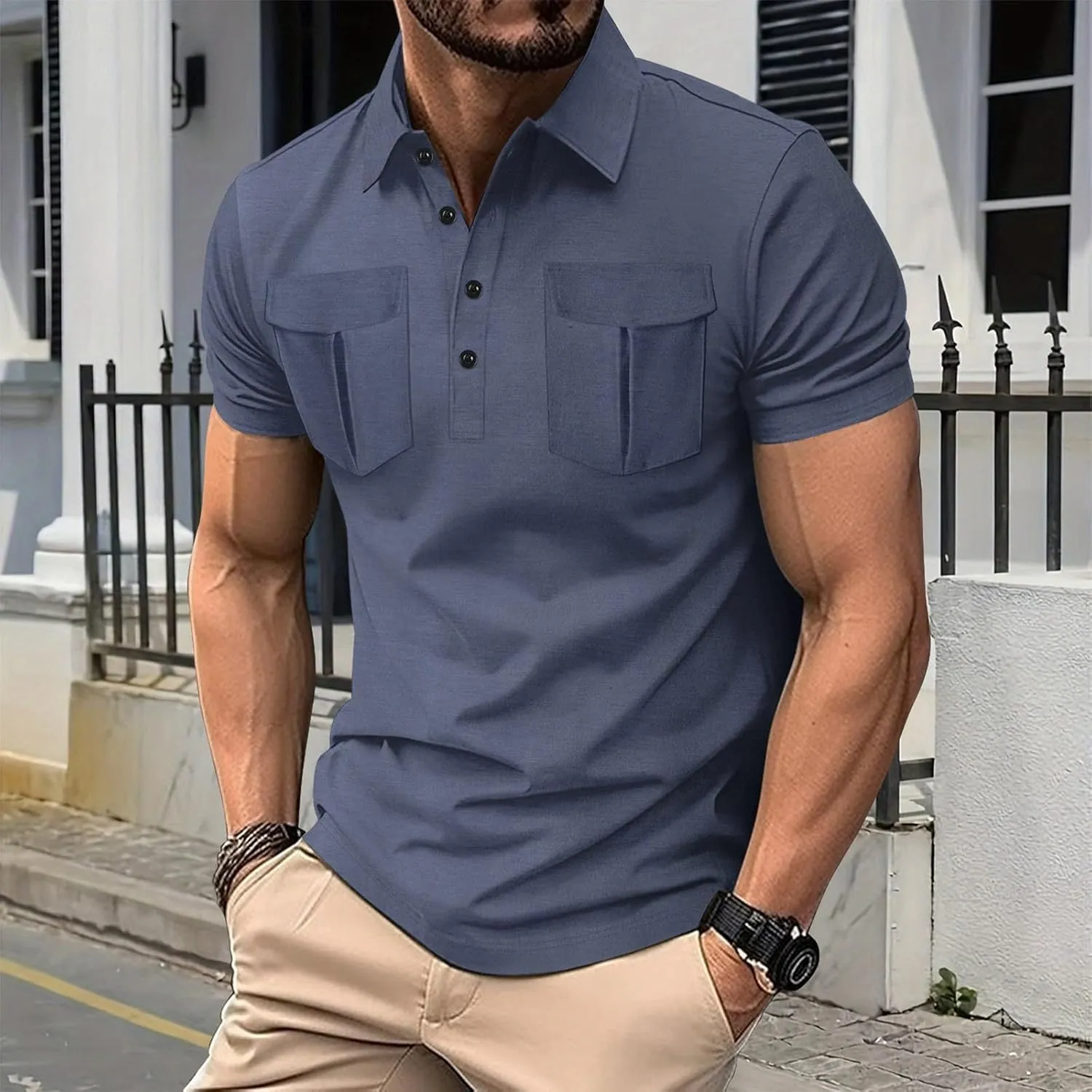 Men's Polo Shirts Short Sleeve Casual Slim Fit Button Golf T Shirt Summer Moisture Wicking Collared Top with Pockets