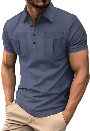 Men's Polo Shirts Short Sleeve Casual Slim Fit Button Golf T Shirt Summer Moisture Wicking Collared Top with Pockets