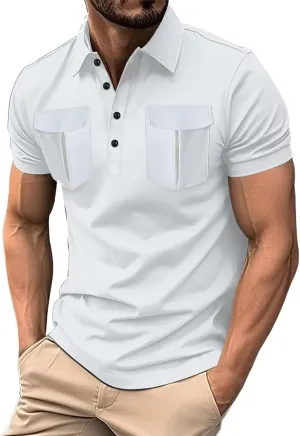 Men's Polo Shirts Short Sleeve Casual Slim Fit Button Golf T Shirt Summer Moisture Wicking Collared Top with Pockets
