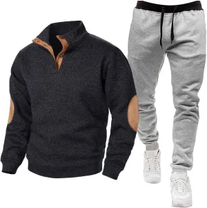 Mens Polo Sweatsuit 2 Piece Quarter Button Patch Pullover Sweatshirt Jogger Sweatpants Sets Casual Tracksuit Outfits