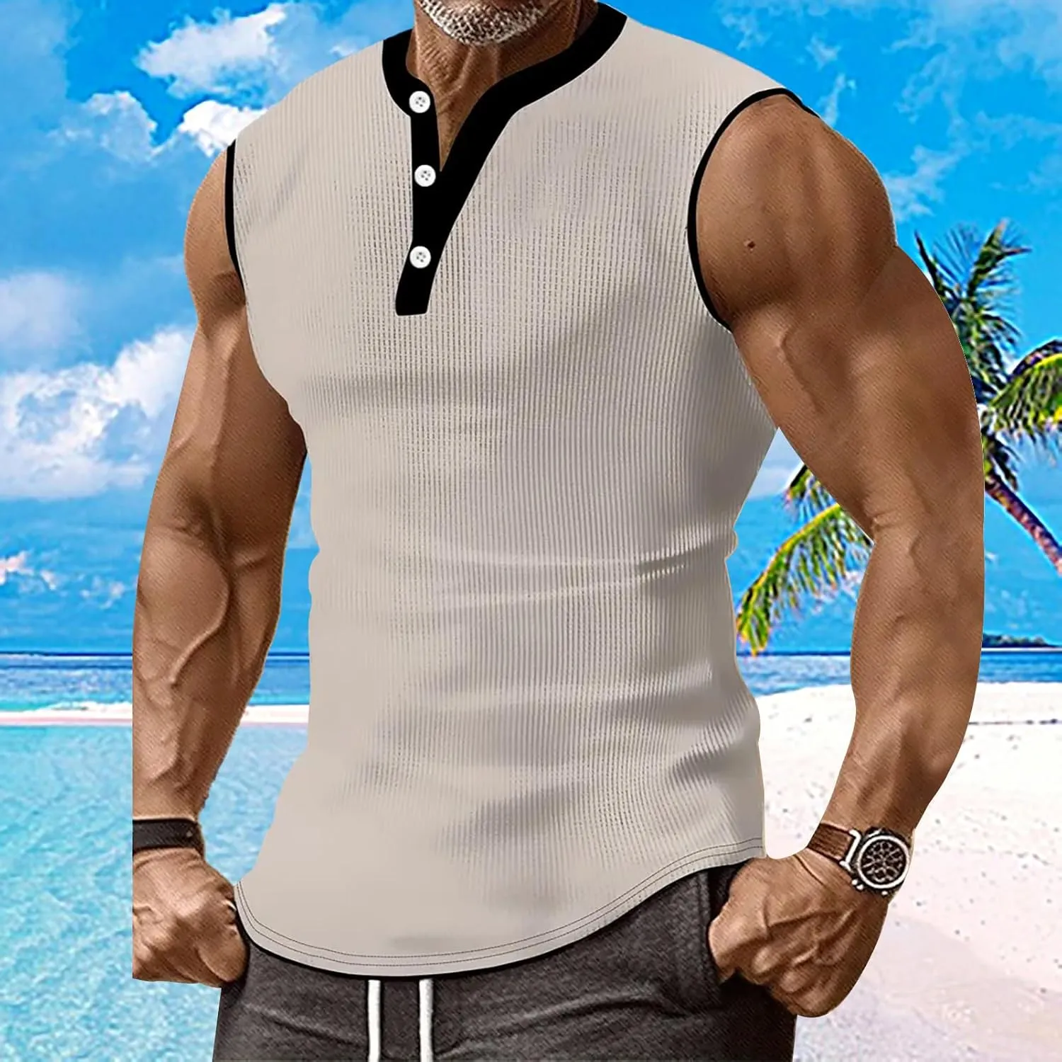 Mens Ribbed Muscle Tank Tops Button Down Slim Fit Sleeveless Henley Shirts Gym Bodybuilding Casual Beach Hippie Shirt