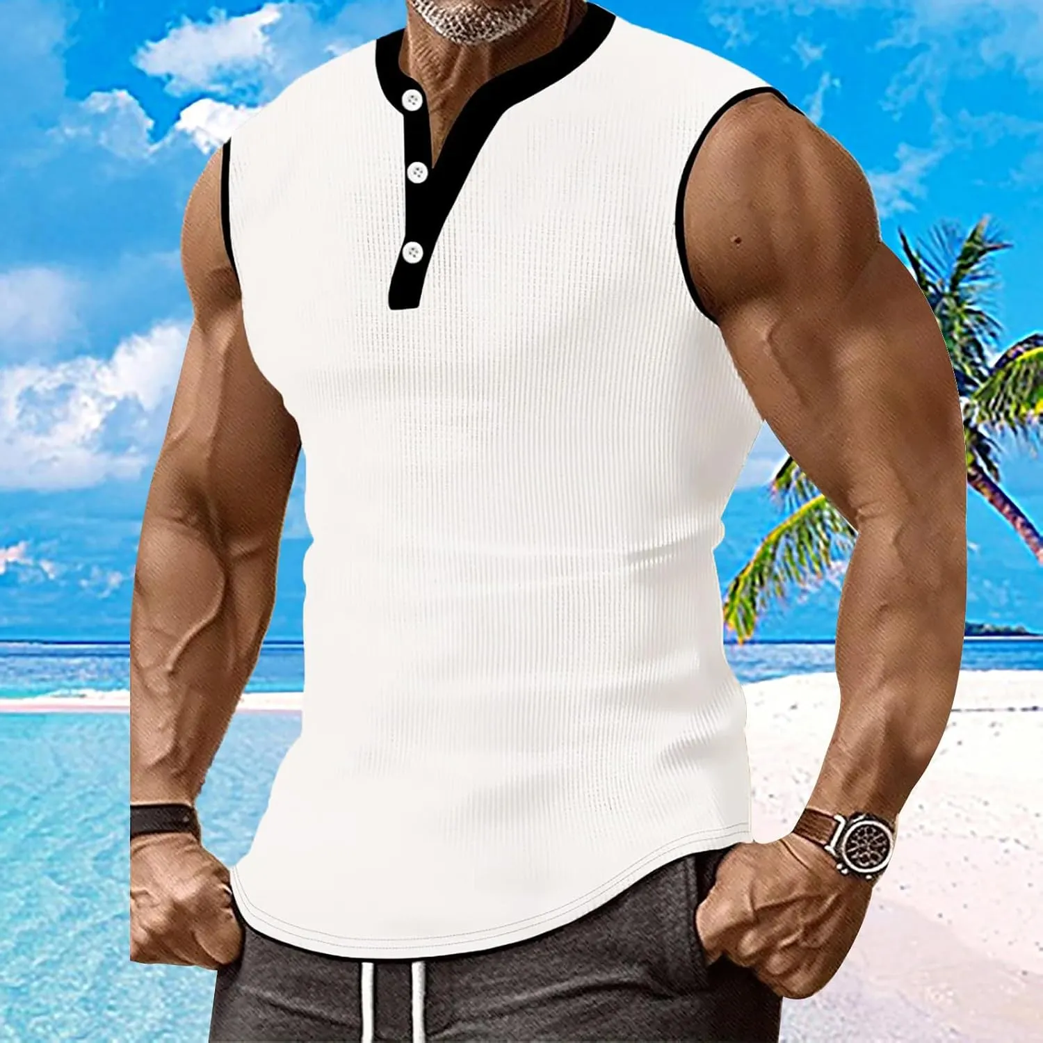 Mens Ribbed Muscle Tank Tops Button Down Slim Fit Sleeveless Henley Shirts Gym Bodybuilding Casual Beach Hippie Shirt