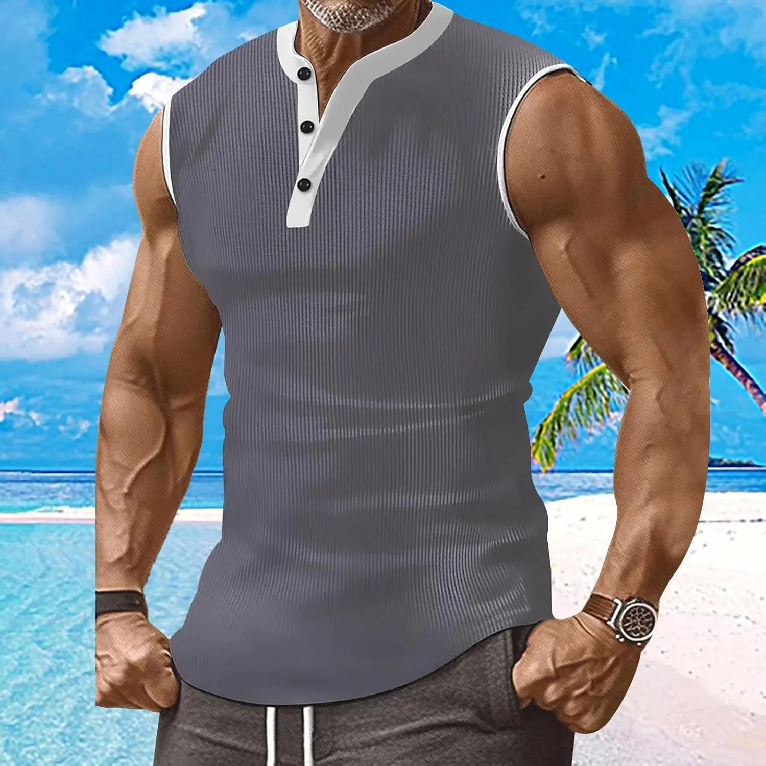Mens Ribbed Muscle Tank Tops Button Down Slim Fit Sleeveless Henley Shirts Gym Bodybuilding Casual Beach Hippie Shirt