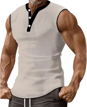 Mens Ribbed Muscle Tank Tops Button Down Slim Fit Sleeveless Henley Shirts Gym Bodybuilding Casual Beach Hippie Shirt