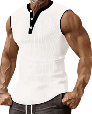 Mens Ribbed Muscle Tank Tops Button Down Slim Fit Sleeveless Henley Shirts Gym Bodybuilding Casual Beach Hippie Shirt