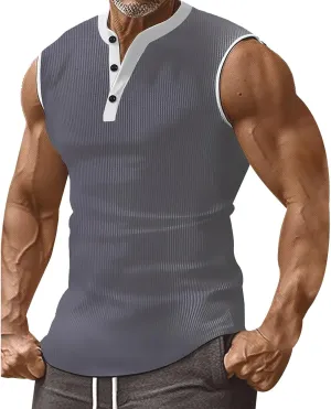 Mens Ribbed Muscle Tank Tops Button Down Slim Fit Sleeveless Henley Shirts Gym Bodybuilding Casual Beach Hippie Shirt