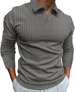 Men's Ribbed Polo Shirt Slim Fit Long Sleeve Muscle Shirt Fitted Cotton Pullover Sweater Casual Stretchy Undershirts