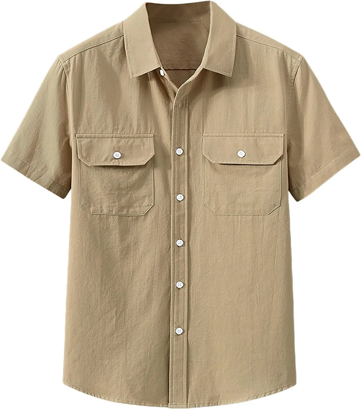 Mens Short Sleeve Cotton Tops Wrinkle Free Button Up Work Polo Shirt Causal Summer Beach Vacation Blouse with Pockets